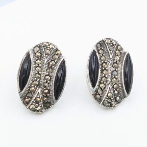 Vintage Sterling Silver ART DECO Onyx & Marcasite Post Earrings